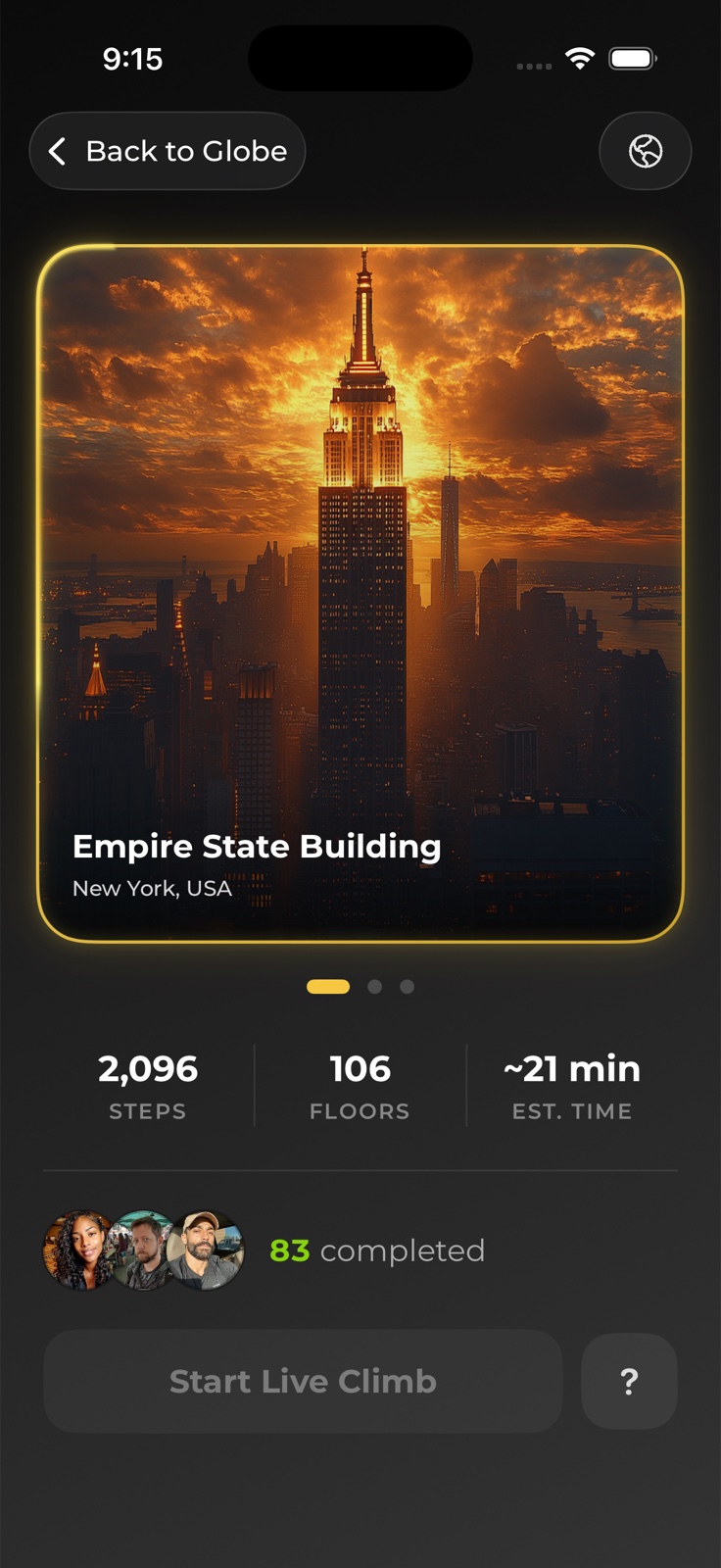 Ascend climb detail screen for Empire State Building
