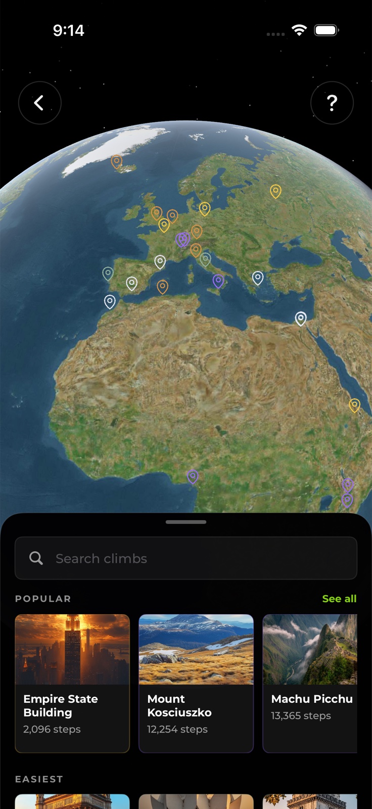 Ascend globe browse screen with climb search and landmark cards