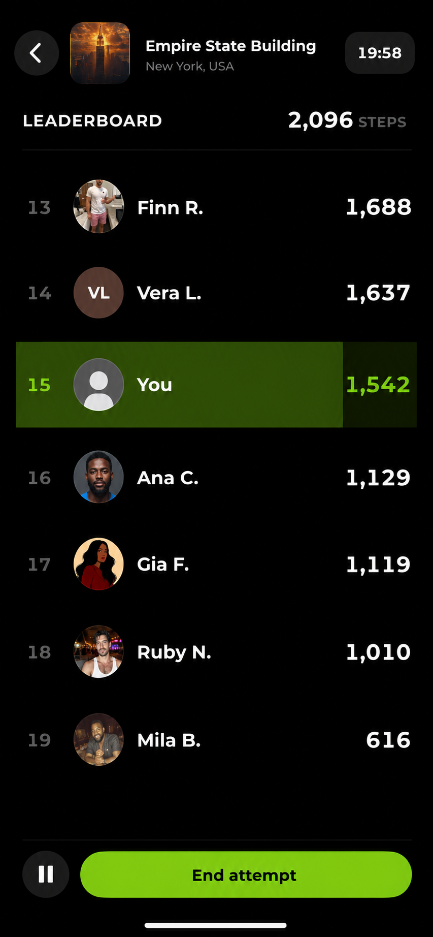 Ascend Live Climb leaderboard with current user highlighted