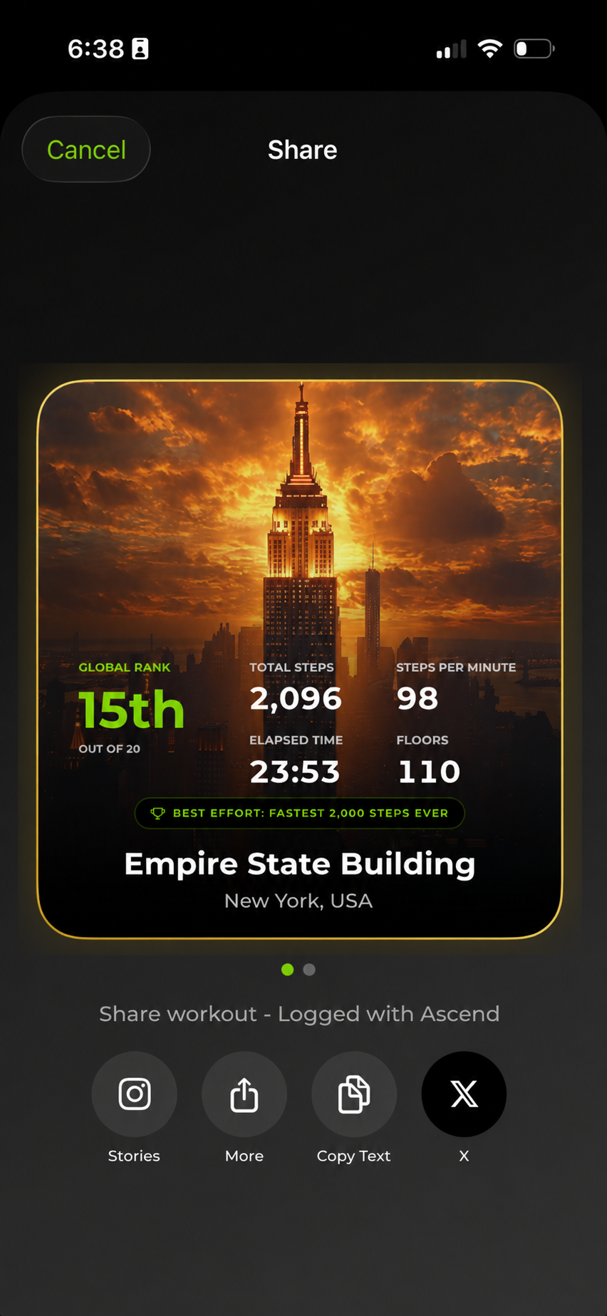 Ascend share screen with an Empire State Building Live Climb result card